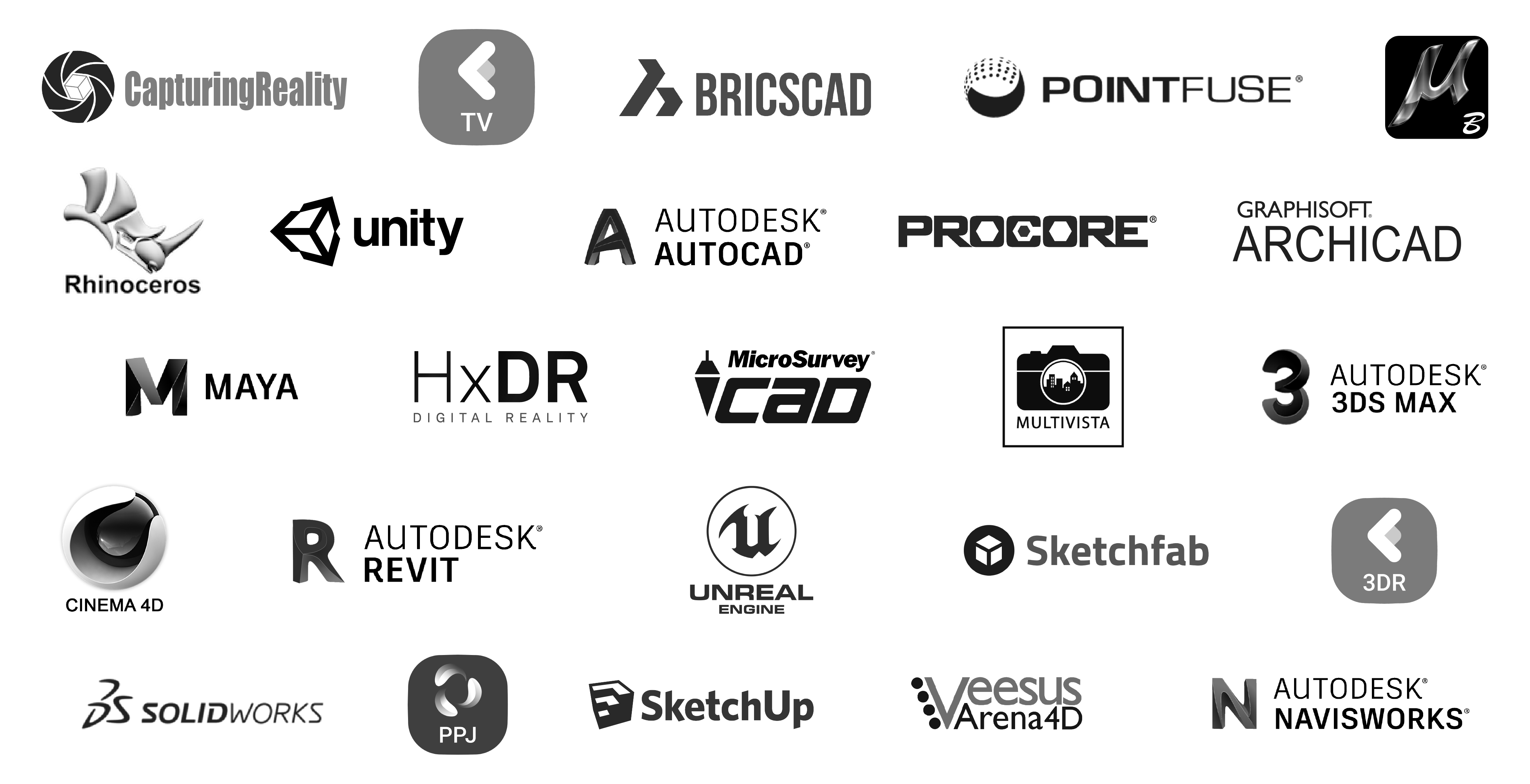 Zwart-wit collage van softwarelogo's 
