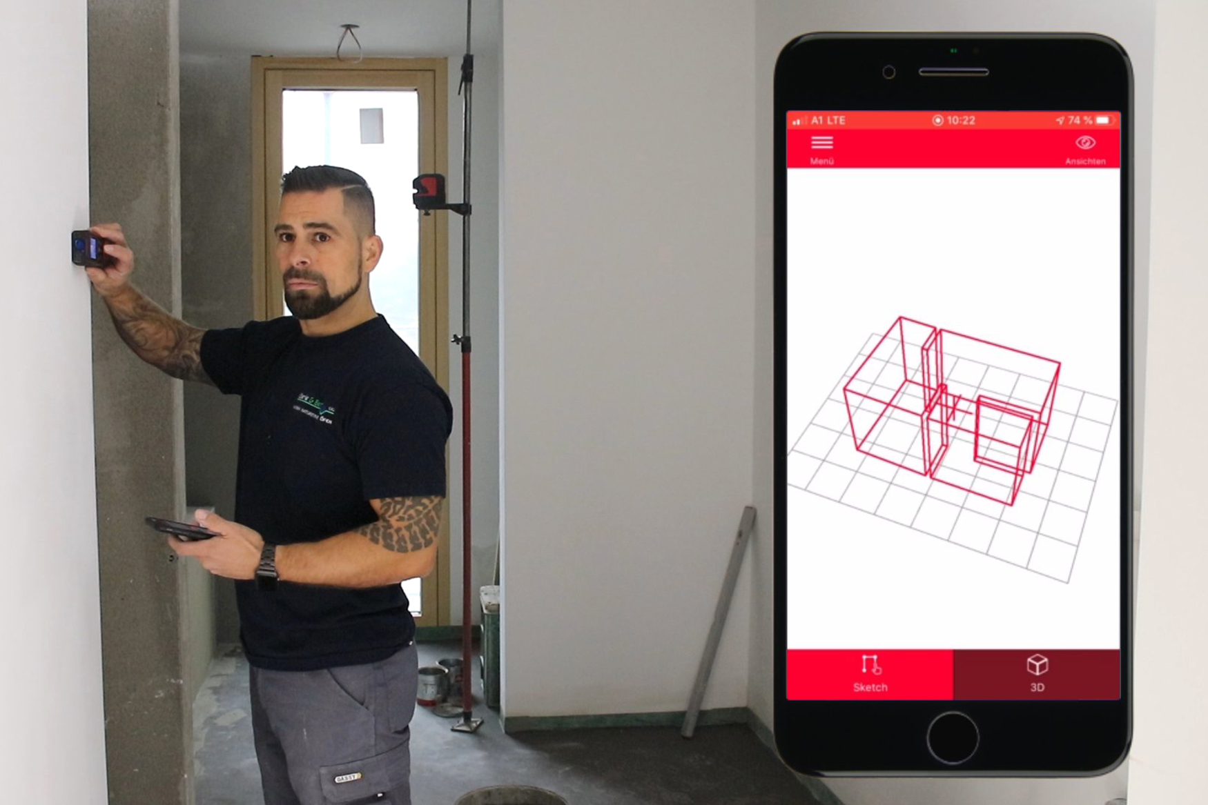 Ein Mann misst mit dem Leica DISTO X3 eine Distanz. In der DISTO Plan App auf dem Smart Phone entsteht ein 3D Modell des Raums.  