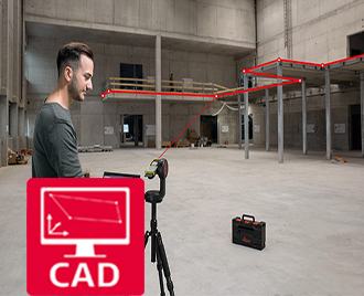 Icon für CAD-Daten-Erfassung. Im Hintergrund wird die Bestandsaufnahme eines Geländers mit einem Leica DISTO X6 Distanzmesser mit DST 360-X erstellt  
