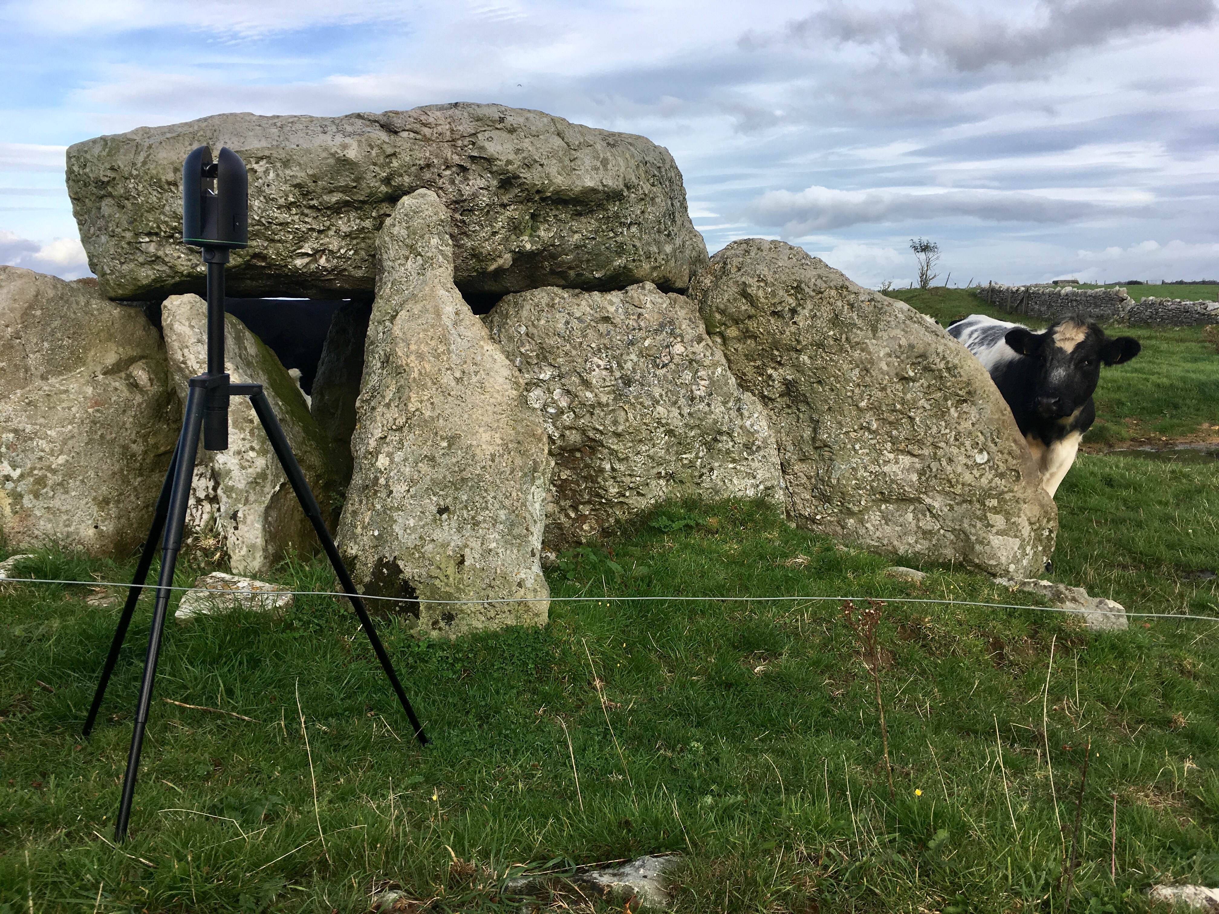 Leica BLK360 en el campo con una vaca
