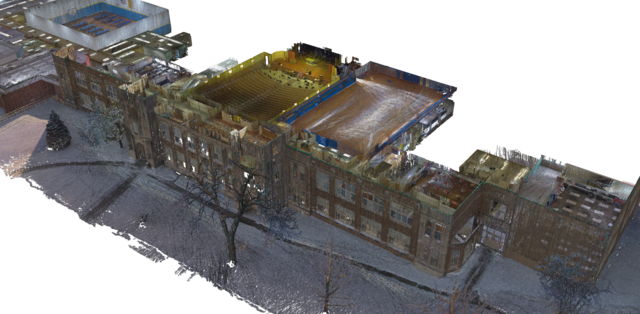 Puntenwolkbeeld van een schoolgebouw genomen met de BLK2GO.