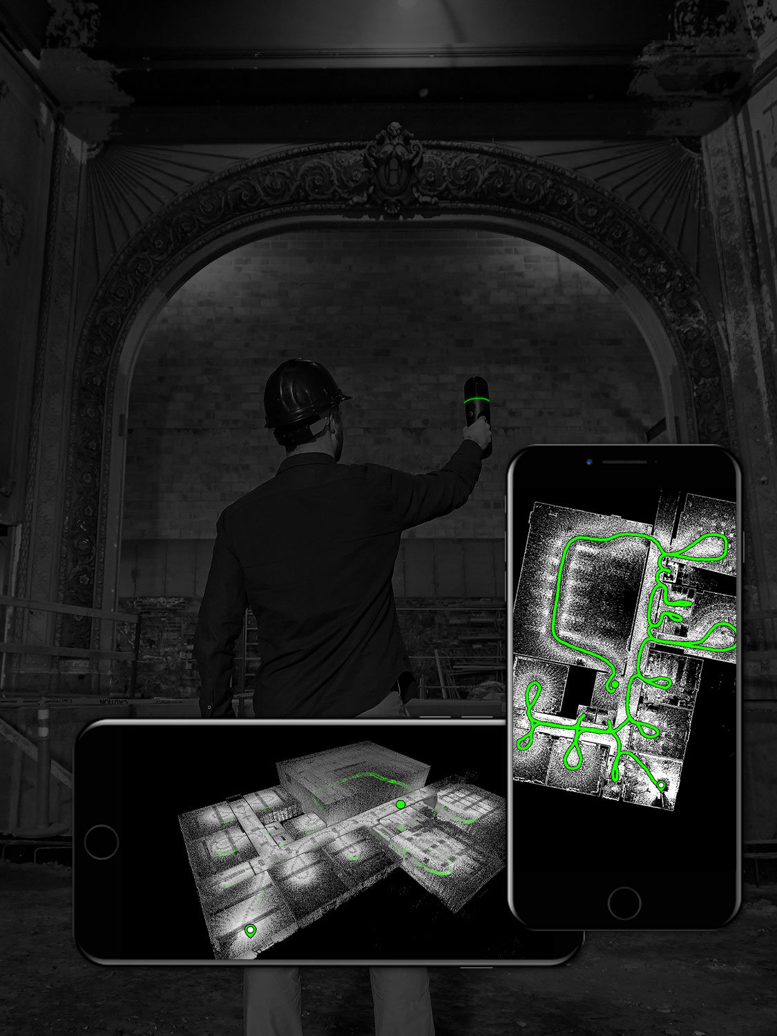 Un hombre escanea un espacio con el BLK2GO mientras su iPhone muestra los datos en la app BLK Live